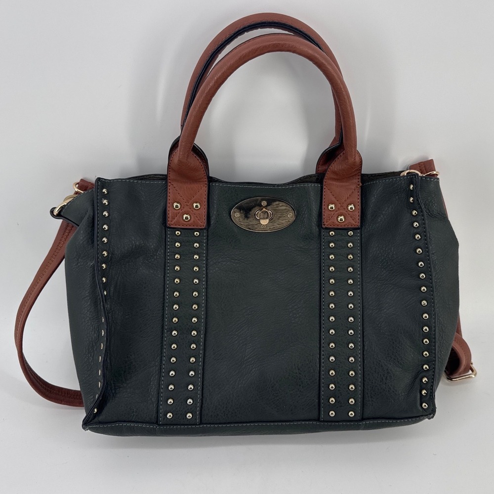 Black Rivet Women Satchel Handbag Black Brown Studded Crossbody Gold Hardware